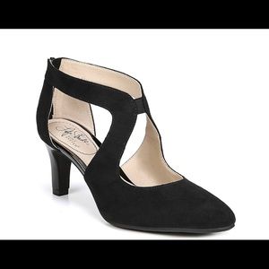 Black almond toe pumps